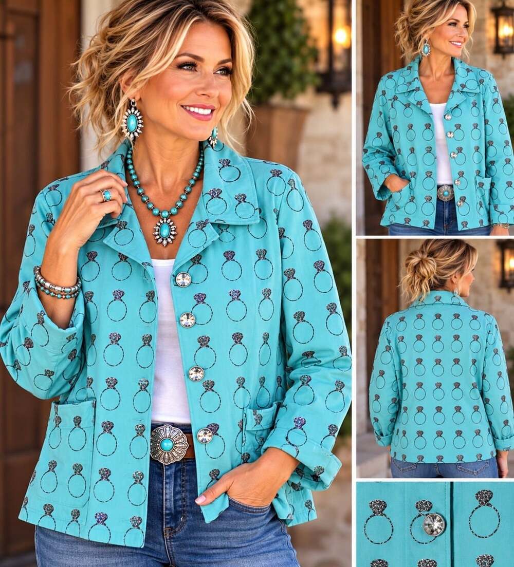Berek Women’s XL Turquoise Engagement Ring Print Jacket Rhinestone Bling Artwear